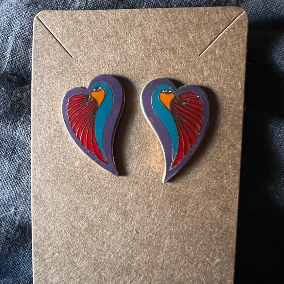 Vintage Laurel Burch 'Dove Heart' Enamel Goldtone Earrings - Picture 1 of 1